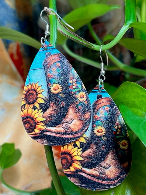 Cowboy Boots with Sunflower Teardrop Earrings