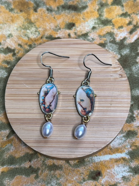 Colorful Turquoise & Pearl Drop Earrings