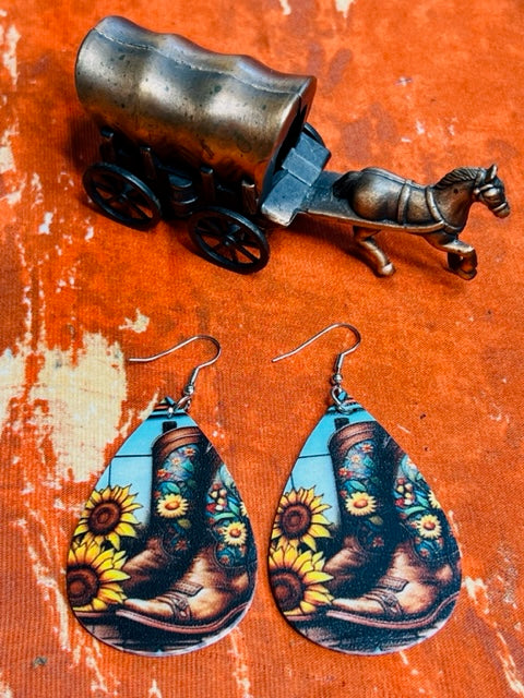 Cowboy Boots with Sunflower Teardrop Earrings