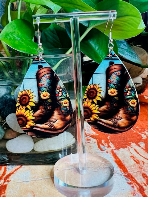 Cowboy Boots with Sunflower Teardrop Earrings