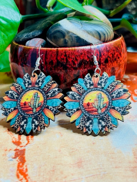 Colorful Sunflower Shape Earrings with Leopard Pattern